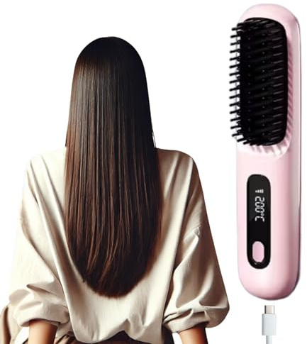 Digilams Hair Straightener Brush | Heated Hair Brush, Cordless Hair Straighteners for Women, Straightening Brush | Travel Straighteners, USB Rechargeable, 3 Heat Settings (160-200°C) (Pink)