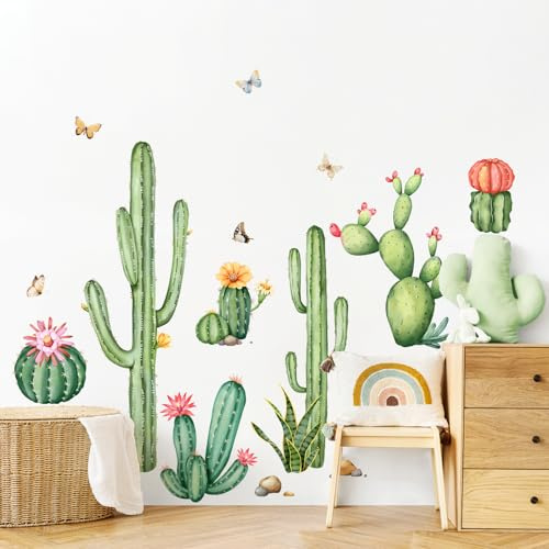 Tanlaby Pegatinas de Pared Decorativas Cactus Florecido Mariposas Vinilos Decorativos Autoadhesivos para Salón Dormitorio Baño Estilo Boho Decoración de Pared
