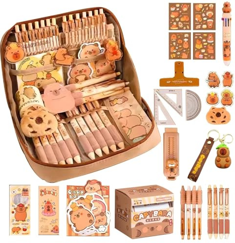 Capybara Trousse à crayons, 54 pièces, trousse esthétique, ensemble de papeterie Capybara, avec stylos, pinces, règles et plus encore, coffret cadeau pour enfants