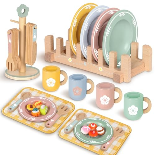 Charmofun Accesorios de Cocinita de Madera para Niños, Juguetes de Cocina de Madera, Accesorios Cocina Juguetes con Platos y Vajilla Regalo para Niñas y Niños de 3 a 8 Años