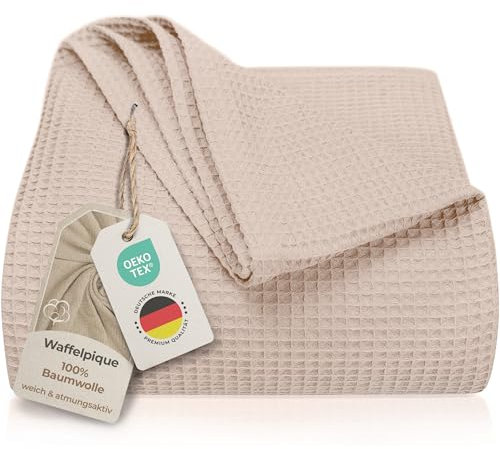 LAYNENBURG Premium Tagesdecke 150 x 200 cm - Waffelpique 100% Baumwolle - leichte Sommerdecke Waffeloptik - Baumwolldecke Bett-Überwurf, Sofa-Überwurf, Couch-Überwurf - Sofa-Decke (beige)