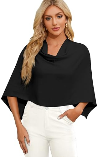 PULI Women Black Capri Poncho Sweater Slim Fit Cropped Versatile Shawl Soft Knit Wraps Cowl Neck Short Tops