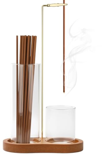 PAPAcroscoma Wooden Inverted Incense Holder：Upside Down Incense Stick Holder with Removable Glass Ash Catcher, Anti-Ash Incense Burner for Yoga, Spa, Meditation and Home Relaxation (brown)
