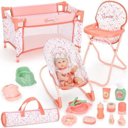 deAO 12 Baby Doll Playset Crib High Chair 18PCS Nursery Pretend Play Toy