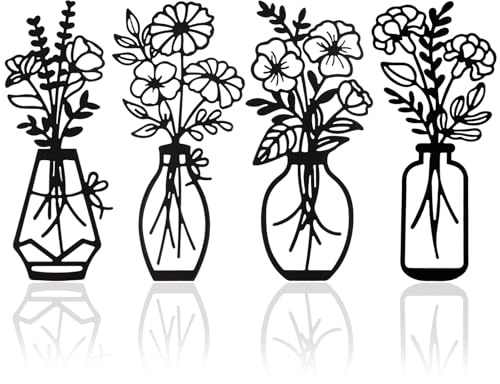 YunBey Juego de 4 Adornos murales Metal Negro, jarrones Flores Minimalistas