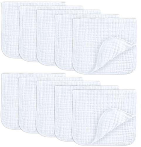 Comfy Cubs Muslin spucktücher 6 Satz große 100% Baumwolle Hand waschlappen 6 Schichten extra saugfähig und weich (Weiß, 10er-Pack)