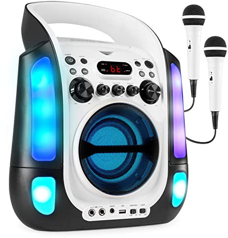 Fenton SBS30W CD Player, Karaoke Anlage mit 2 Mikrofonen, Karaoke Maschine mit Bluetooth, USB mit MP3-Player, LED Lichteffekt und Echo Effekt, Musikbox, CD Spieler für Kinder - Schwarz-Weiß