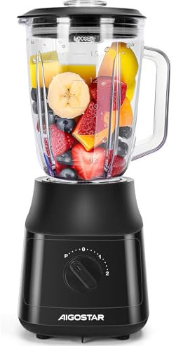 Aigostar Standmixer und Smoothie Maker, 1.5 Liter Glasbehälter, Titanbeschichteten Klingen,Ice Crush Funktion, 2 Geschwindigkeiten + Pulse, Spülmaschinenfeste Teile,800W, Schwarz. Swift.