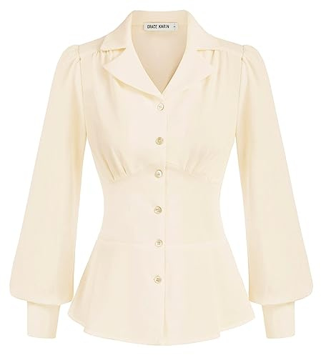 Grace Karin Haut péplum Vintage boutonné à Manches Longues pour Femme, Ivoire, Taille M