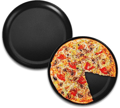HaWare Pizza Tray Set of 2, 10 inch Stainless Steel Non-Stick Round Baking Sheet Pan, Oven Tray for Baking/Serving, Less-Stick, Non Toxic & Healthy, Rust Resistant (26cm, Black)