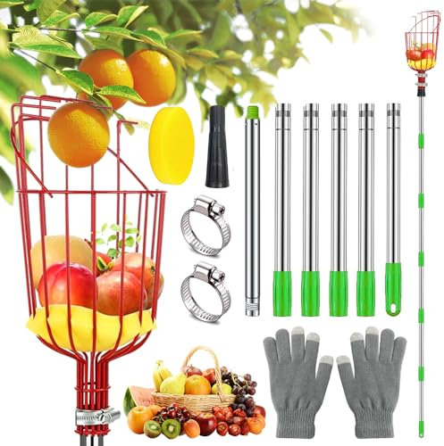 MEISHANG Recogedor de Frutas, 2.6M Recogedor Frutas con Palanca Ajustable,Recogedor de Manzanas Fácil de Montar con con Esponja y Cesta,Frutas Herramientas Recolectoras para Manzanas, Naranjas, Peras