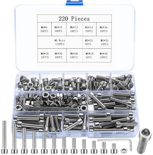 220 Piezas Tornillos Hexagonales M6, Tornillos de Cabeza Allen con Tuercas de Acero Inoxidable Surtido, con Arandelas y 2 Llave