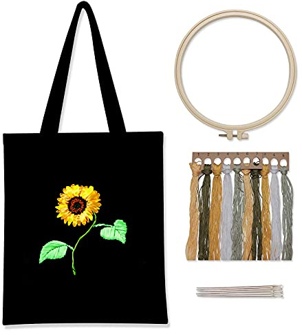 Hodeffior Kit de bordado de bolsa con patrón floral para principiantes, kit de bolsa de punto de cruz con aros de bordado, juego de herramientas de girasol (bolsa negra) uno