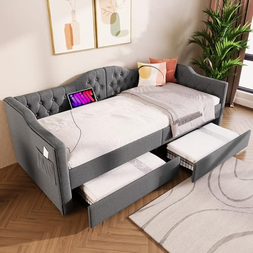 Rtopsu Divano Letto Imbottito 90x200 cm con USB Type C, Letto per Bambini con 2 Cassetti Contenitore, Letto per Ragazzi Struttura Letti con Telaio a Doghe in Legno, Lino, Grigio, Senza Materasso
