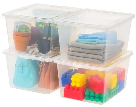 Iris Ohyama, Mehrzweck-Kunststoff-Aufbewahrungsbox, 30L, 4er Set, Transparent, Einfache Verschließung, Stapelbar, für Schlafzimmer, Küche, Büro, Badezimmer, Kleidung, Spielzeug, BPA-frei, CNL-30E