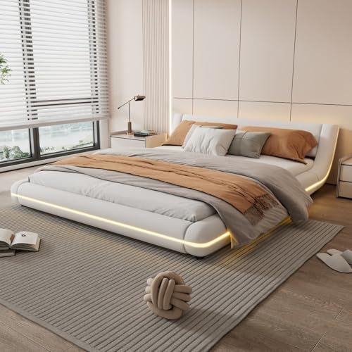 KOMHTOM Lit Double Rembourré avec Lumière d'ambiance LED, Lit Plat avec Sommier à Lattes en Bois, Design Unique, Moderne, PU(sans Matelas) (Blanc, 160x200cm)