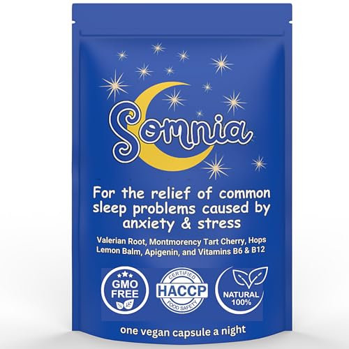 Somnia Herbal Sleeping Tablets for Adults, Calming & Relaxing Sleep Support, Stress & Anxiety Relief. A Natural Herbal Sleep Aid. 30 Easy to Swallow Vegan Capsules, One a Night, One Month Supply.