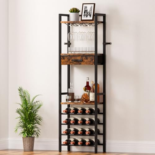 Yorbay Weinregal für 16 Flaschen, 4-Stöckiges Freistehendes Weinregal mit Glashaltere und Schublade, Vintage Flaschenregal aus Metall mit Ablagen für Bar, Küche, Esszimmer, Boden