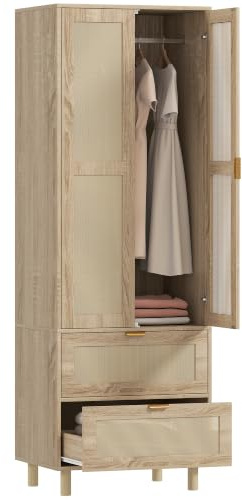 HOMCOM Armoire Chambre Penderie Style Bohème 63 x 47 x 185 cm Bois Naturel | 2 Portes en Rotin, 2 Tiroirs, Barre de Suspension, Armoire à Vêtements, Dressing, pour Chambre à Coucher
