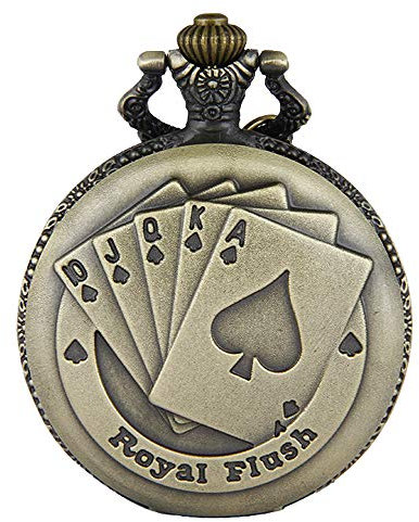 JewelryWe Vintage Taschenuhr Herren Analog Quarz Uhr mit Halskette Kette Kettenuhr Pocket Watch Royal Flush Poker Spielkarten