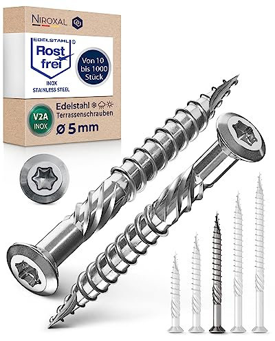 Torx - Lot de 100 vis de terrasse de 5 x 60 en acier inoxydable A2 - Avec tête bombée - Encoche de coupe et nervures d'épluchage pour bois - Vis à bois hexagonales de 60 mm de long