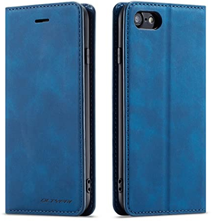 QLTYPRI Case for iPhone 7/8/SE 2020/SE 2022 5G, Premium PU Leather Cover TPU Bumper Card Holder Kickstand Hidden Magnetic Adsorption Flip Wallet Case Cover for iPhone SE 2022/SE 2020/8/7 - Blue
