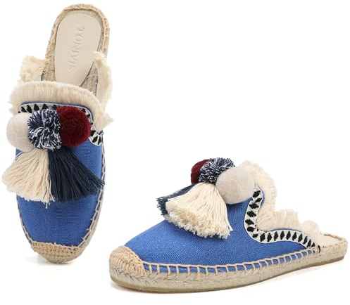 TONIVIS Espadrilles for Women, Tassel Mule Flats Slip On Summer Shoes Blue