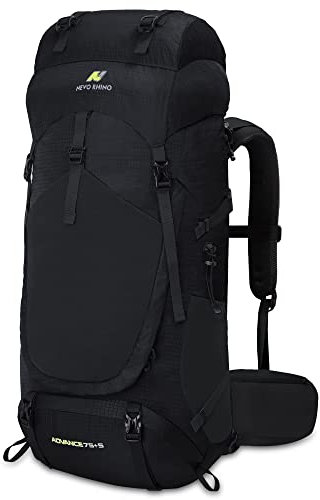 Nevo Rhino Rucksack, 50 l/60 l/80 l, interner Rahmen, Ultraleichter, wasserdichter Tagesrucksack für Wandern, Camping, Schwarz-75/80l