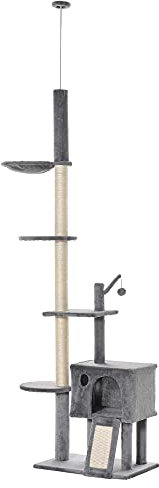 PawHut 270cm Floor To Ceiling Cat Tree Cat House Scratching Post for Indoor Cats Hammock Hanging Ball Activity Center Grey