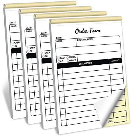 Order Form Receipt Book for Small Businesses, 4 Pack, 4x5.5 inches, Perfect Business Supplies,Invoice Pad, Cute Convenient for Small Boutique Business,White/Yellow(50 Sets per Book)