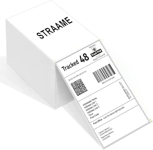 Straame - Pack of 500 - Thermal Shipping Barcode Labels - 4x6 Inch - Fanfold Permanent Adhesive & Commercial Grade for Direct Thermal Printer - Compatible with Amazon, Royal Mail, FedEx - White