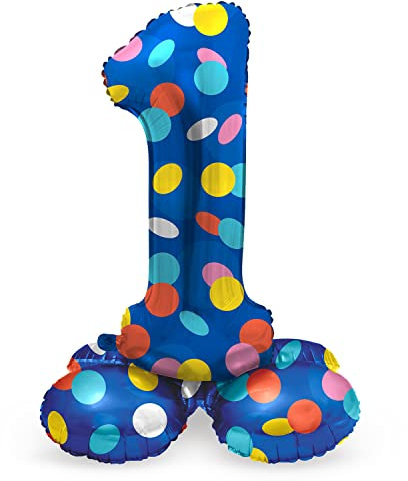 Folat 63971 Luftballon Geburtstag Stehender Ziffer Zahl 1 Colorful Dots Blau mit farbigen Punkten 72 cm - Decoration Geburtstagdeko, Ballon Zahl, Kein Helium erforderlich