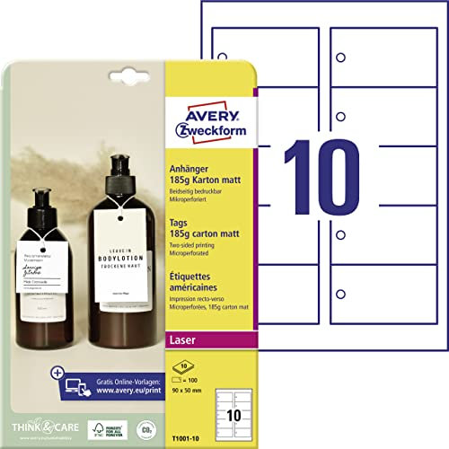 AVERY Zweckform T1001-10 stabile Anhänger 100 Stück inkl. Schnüre (90x50mm auf A4, beidseitig bedruckbare Produktanhänger, extra feine Perforation, Geschenkanhänger, Preisanhänger) Karton 185g, weiß