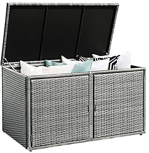 GOPLUS 335L Polyrattan Auflagenbox, Kissenbox Aufbewahrungsbox mit 2 Ablagen & Deckel, Gartenschrank für Garten, Balkon, Terrasse (Grau)