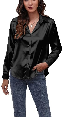 BHUJIA Camicia di Seta di Raso delle Donne a Maniche Lunghe Button Down Camicia, Camicia Elegante della Camicia Casual di Seta (S,Black)