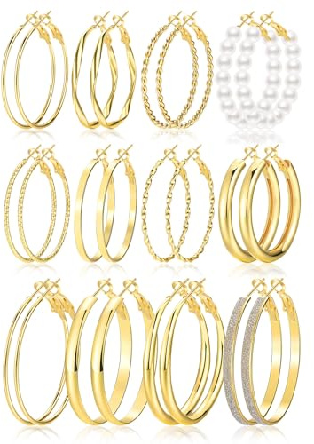 Gold Hoop Earrings Set for Women, 12 Pairs Hypoallergenic Large/Big Thin Thick Gold Hoops Earrings Loop Pack for Birthday Party 40mm/50mm