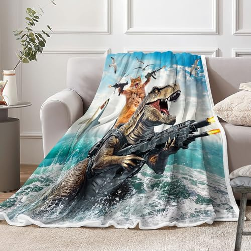 Grtuspr Funny Kids Fleece Throw Blanket for Couch, Sofa, Cool Cat Riding Cute Dinosaur Fighting on Ocean Hilarious Children Bed Travel Camping Blankets, Anime Throws Blankets for Cats Lovers