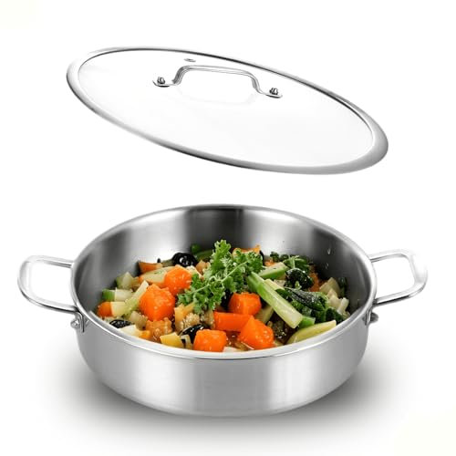 DELARLOCHEF Padella da portata 24 cm: padella a tre strati in acciaio inox, con coperchio, Tri-ply Stainless Steel Saute Pan, Double Ear, Deep and Large Frying Pan
