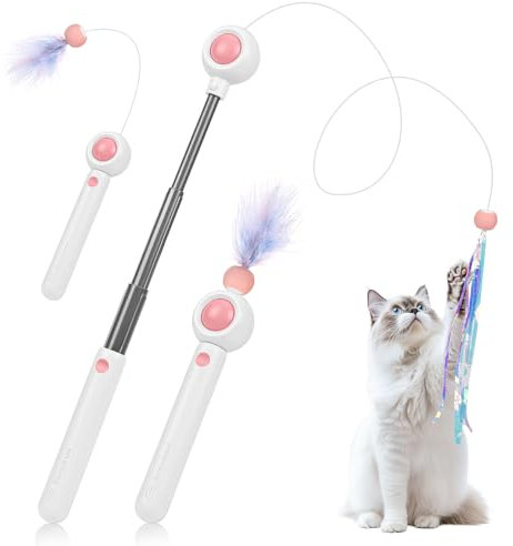 Gerbala Interaktives Katzenspielzeug Feder, Katzenspielzeug Set mit Einziehbare Stangen, 2 Stück Ersatzköpfe, Skalierbar Stangen Katzenangel Stabil Kätzchen Zauberstab Cat Toys (Rosa)