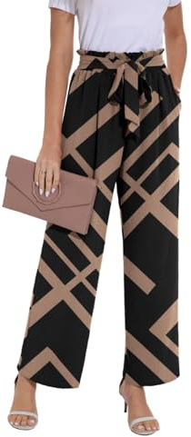PrinStory Trousers For Women UK Elasticated Waist Lightweight Summer Pants Causal Wide Leg Palazzo Trousers Beach Work (Black Rectangle, L)