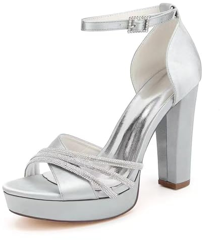 Mujer Tacón Alto De Bloque Zapatos De Vestir con Hebilla Peep Toe Satén Sandalias De Novia con Diamantes Correa De Tobillo Plataforma Zapatos De Fiesta De Boda,Plata,36 EU