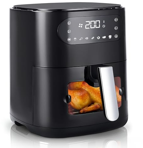 Citybee 6L Heißluftfritteuse mit beleuchtetem Sichtfenster - Extra Leiser Airfryer, 7 Programme & Touchscreen - Spülmaschinenfester Korb + 10 Backpapier, Ideal für Familien (Schwarz)