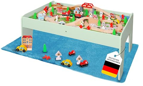Coemo Table de jeu verte avec kit de 90 pièces Train en bois, jouet de motricité – avec plateau de table amovible réversible, piste, train, cadeau pour tout-petits, garçons et filles à partir de 3 ans
