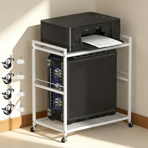 UOMIO Supporto per stampante a 2 livelli con ripiano e ruote, multiuso da scrivania, tavolo per stampante in ferro resistente, carrello mobile per computer per ufficio e casa (bianco)