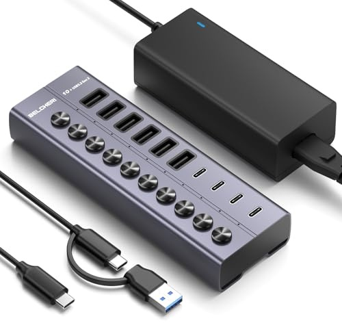 BELCHERI USB-hubb med strömförsörjning, 10-port USB 3.2 Gen 2 10 Gbit/s aktiv hub, full aluminium med 60 W (12 V 5 A) Powered, 6 USB-A och 4 USB-C-portar, stöder BC1.2 snabbladdning