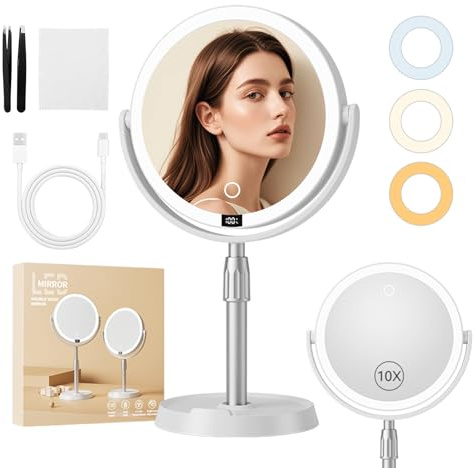 JOTOL Specchio Trucco con Luci,Specchio ingrandimento 10X,3 Colori di Luce,Luminosità Regolabile Rotazione a 360°,Batteria Ricaricabile 2000mAh,Ideale per Make up Bagno e Viaggio