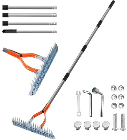 Rastrello Scarificatore per Prato, 38 cm Largo Rastrello per Erba con Manico Regolabile, Rastrello da Giardino in Metallo Tagliente a Doppia Faccia, Rastrello per Giardino, Scarificatore Manuale