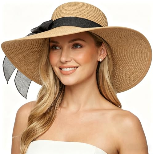 DRESHOW Femme Capeline Chapeau de Paille Chapeau à Large Bord Casquettes Anti-Soleil Respirant Pliable Rouleau Plage Cap Chapeau de Soleil UPF 50+