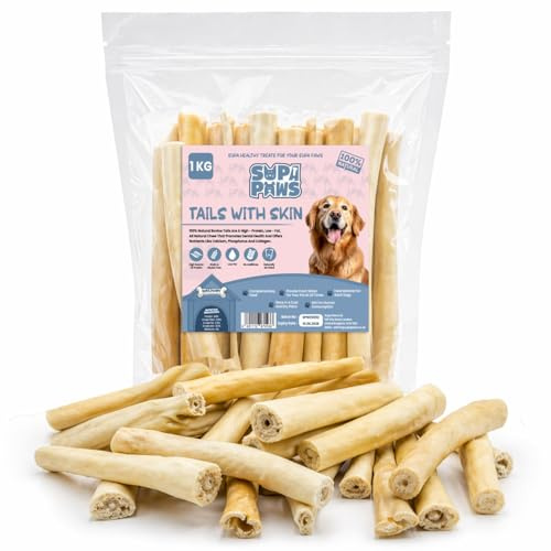 Supa Paws 1Kg 100% Natural Beef Cow Tails for Dog Air Dried Grain & Gluten-Free Long Lasting Chewing Bones Low Odour Beef Treat for Dog Alternative to Meat Bully Sticks Snacks Suitable for All Breeds