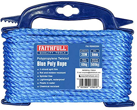 Faithfull FAIRB6020H Blue Twisted Poly Rope Hasp 6mm Dia x 20M Max Load: 60kg, Breaking Strain 500kg